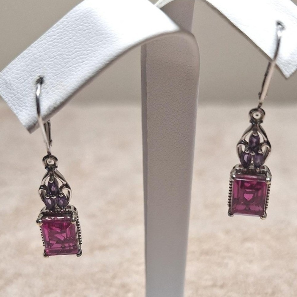 Hot pink quartz earrings with amethyst accents dangle drop in sterling silver